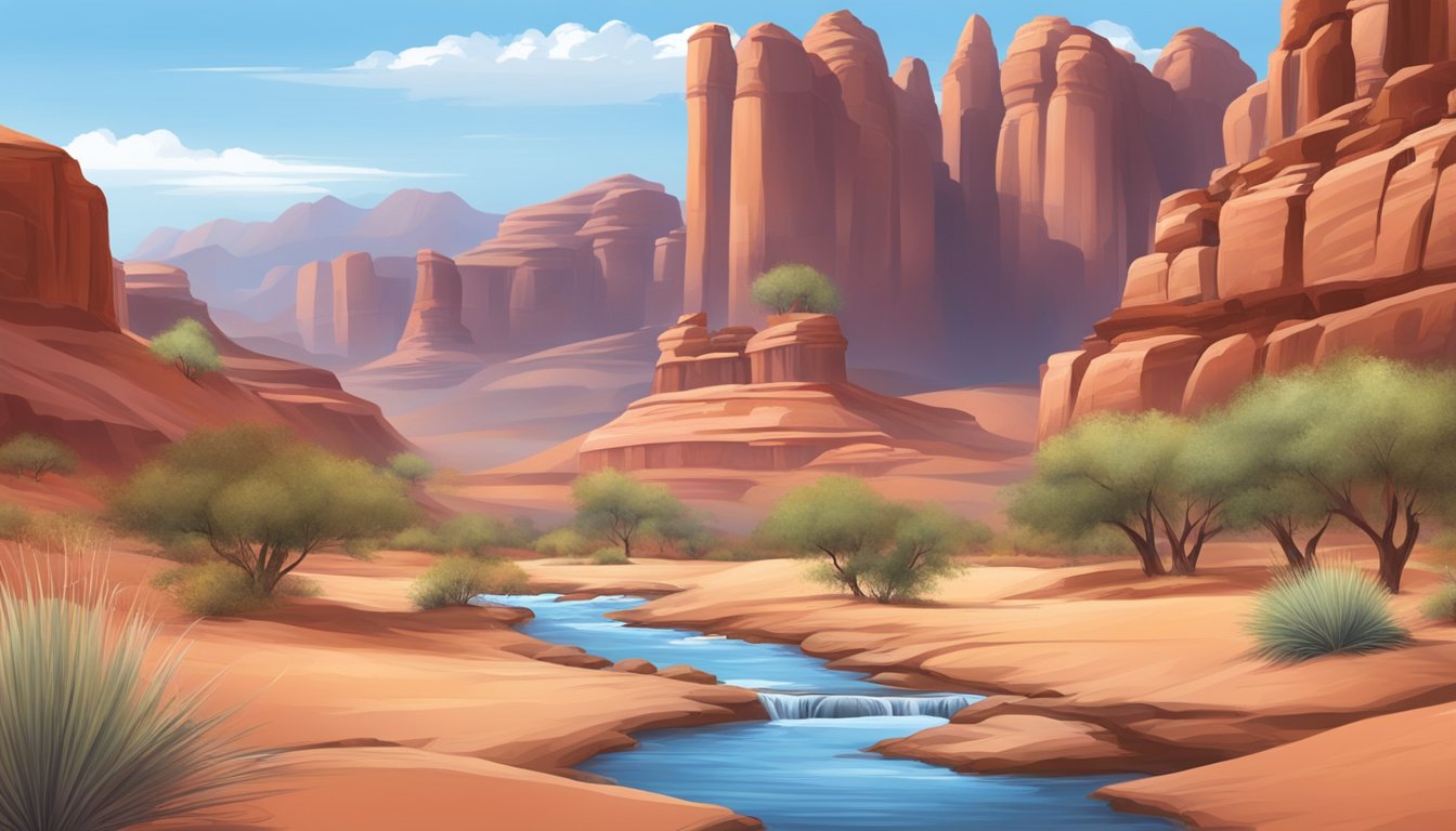 A serene desert landscape with a clear, blue sky and a pristine, flowing stream surrounded by red rock formations