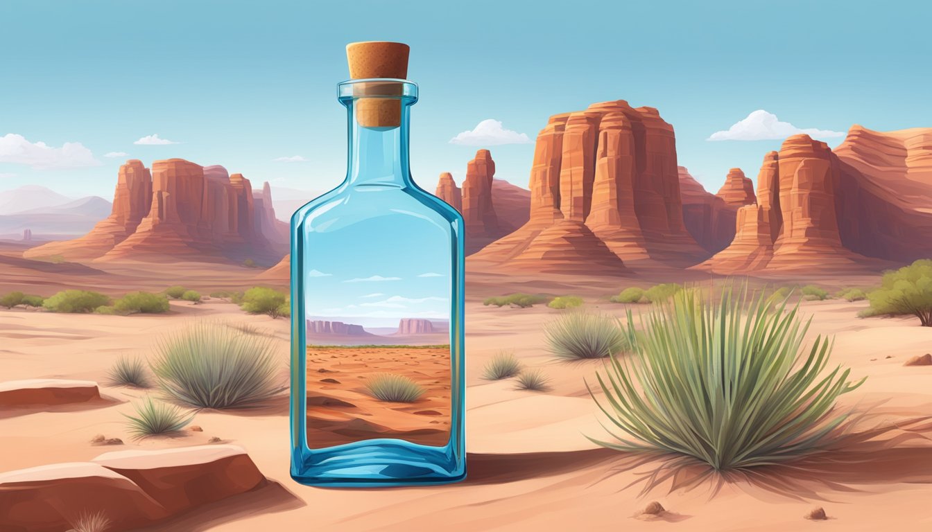 A serene desert landscape with a clear blue sky, red rock formations, and a pristine spring flowing into glass bottles