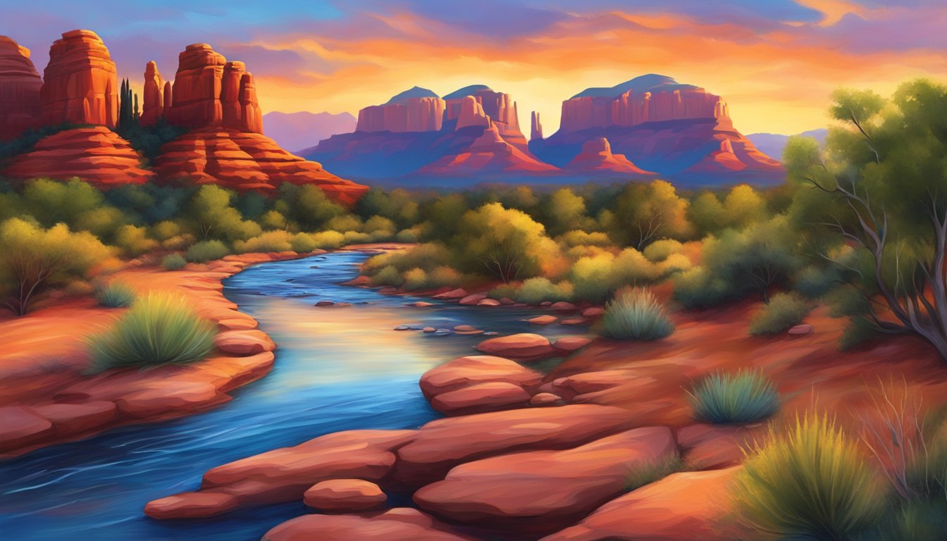 A vibrant sunset over the red rock formations of Sedona, with a tranquil stream flowing through the mystical landscape