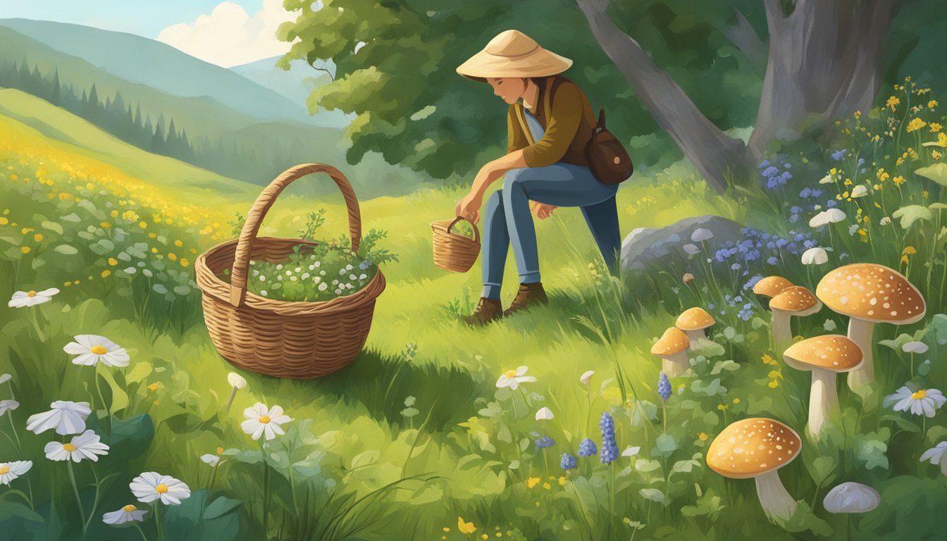 A person gathering meadow mushrooms with a basket, surrounded by lush greenery and wildflowers