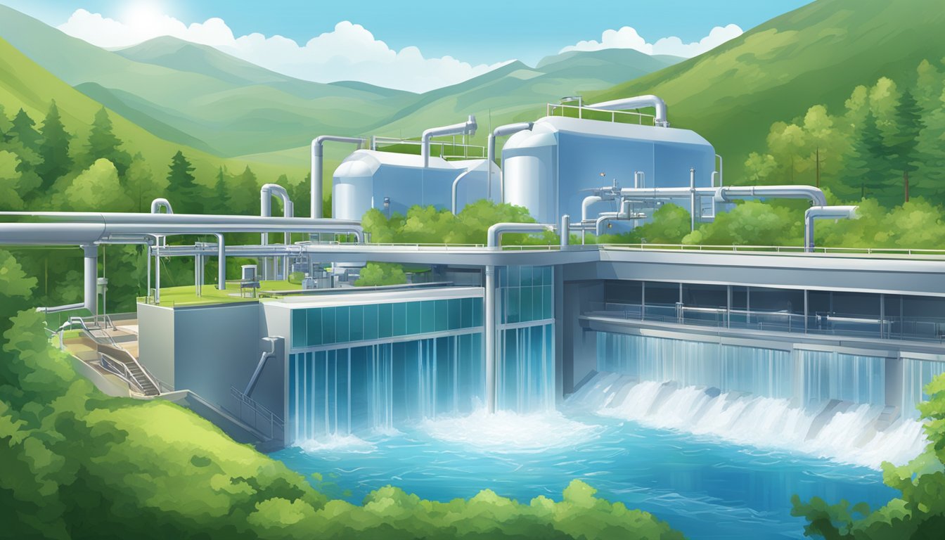 A pristine mountain spring flows into a modern water processing plant, surrounded by lush greenery and clear blue skies