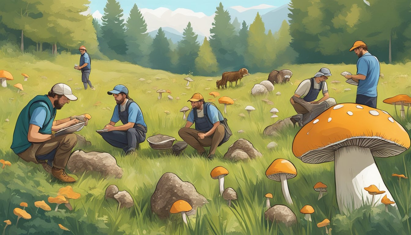 Mushroom foragers consulting field guides and local experts in a lush meadow, carefully harvesting wild mushrooms