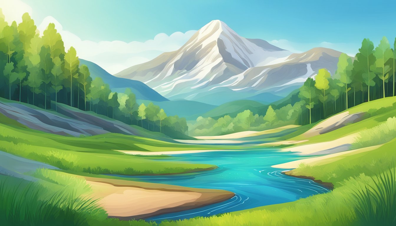 A serene mountain spring with clear water flowing over colorful sediment layers, surrounded by vibrant green foliage and a clear blue sky