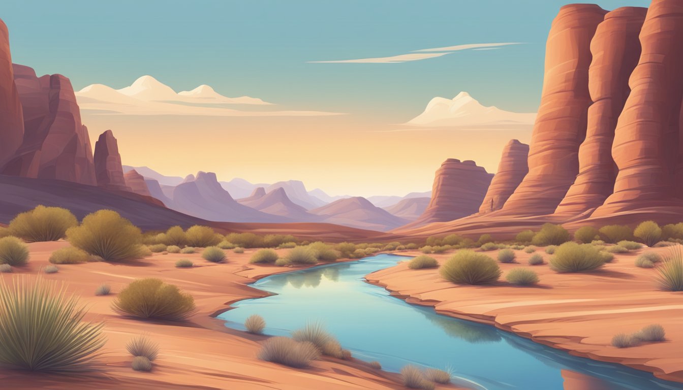 A serene desert landscape with a flowing stream surrounded by red rock formations, under a clear blue sky