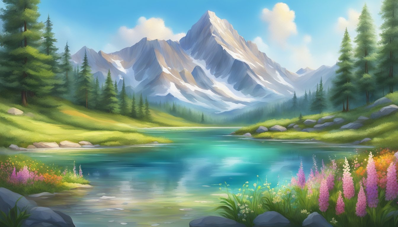 A pristine mountain spring flows into a crystal-clear lake, surrounded by lush greenery and vibrant wildflowers