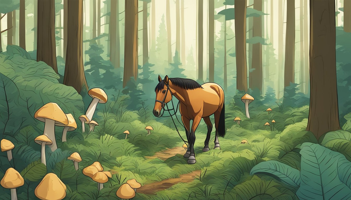 A person foraging in a lush forest, carefully harvesting horse mushrooms from the forest floor