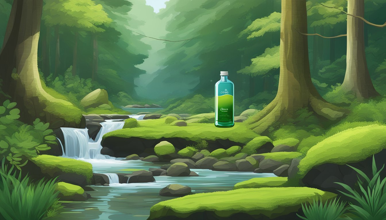 A serene forest stream flowing through lush greenery, with a clear bottle of Essence pH10 water placed on a moss-covered rock