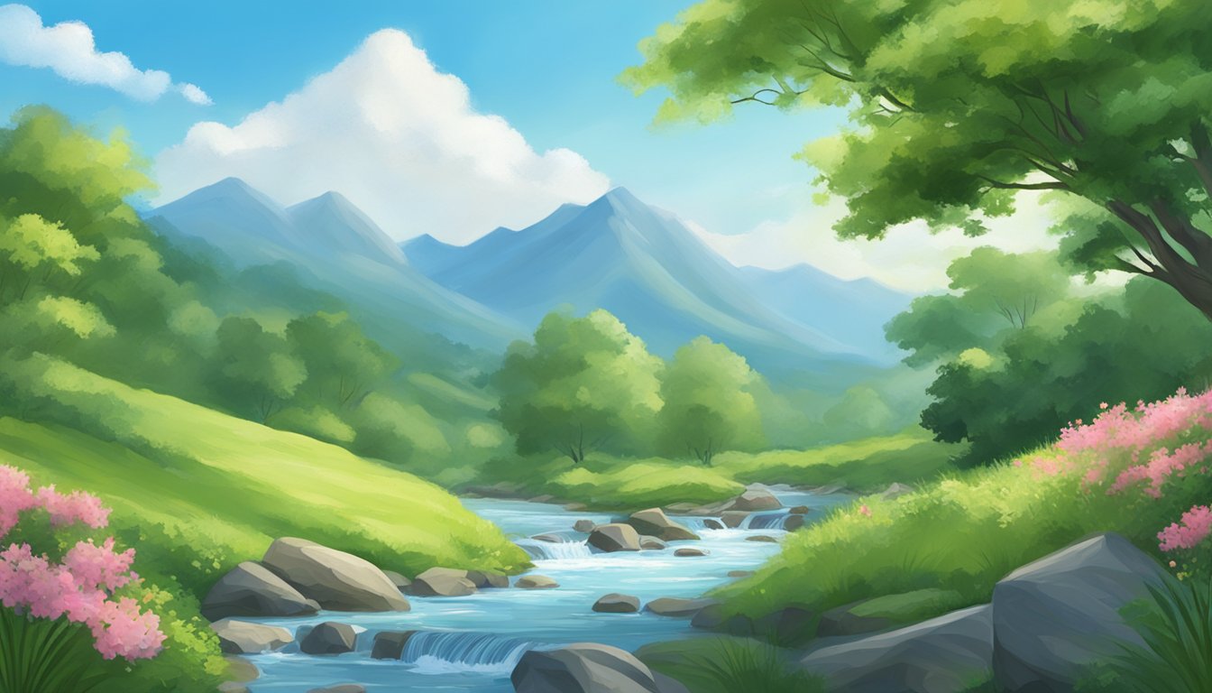 A serene mountain spring flows through lush greenery, with clear blue skies and a gentle breeze