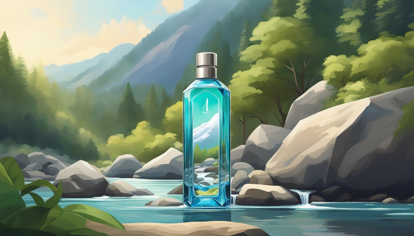 A pristine mountain spring feeds into a crystal-clear stream, surrounded by lush greenery and wildlife. A sleek, modern bottle of Essence pH10 water sits on a rock, glistening in the sunlight