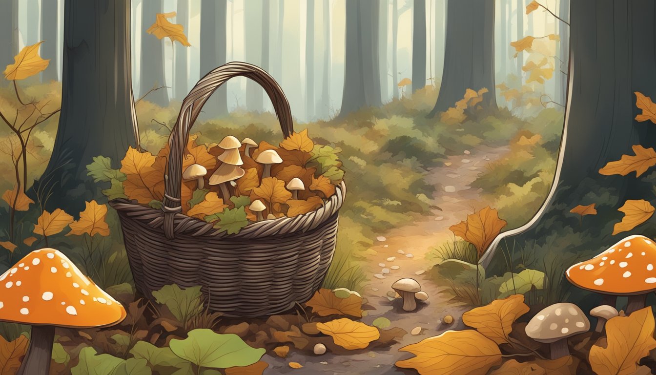 A forest floor with Woolly Milkcaps growing among fallen leaves and twigs, with a forager carefully harvesting the mushrooms into a basket