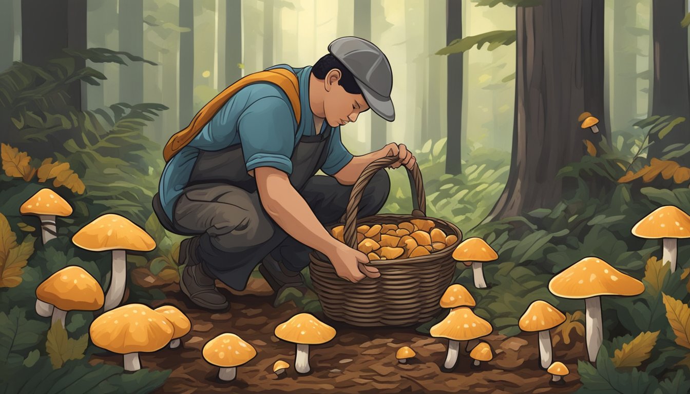 A person gathers wood ear mushrooms from the forest floor, carefully plucking them from the ground and placing them in a basket