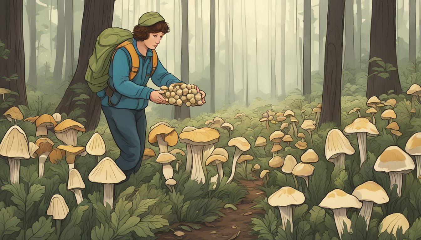 A person gathering woolly milkcaps in a forest clearing