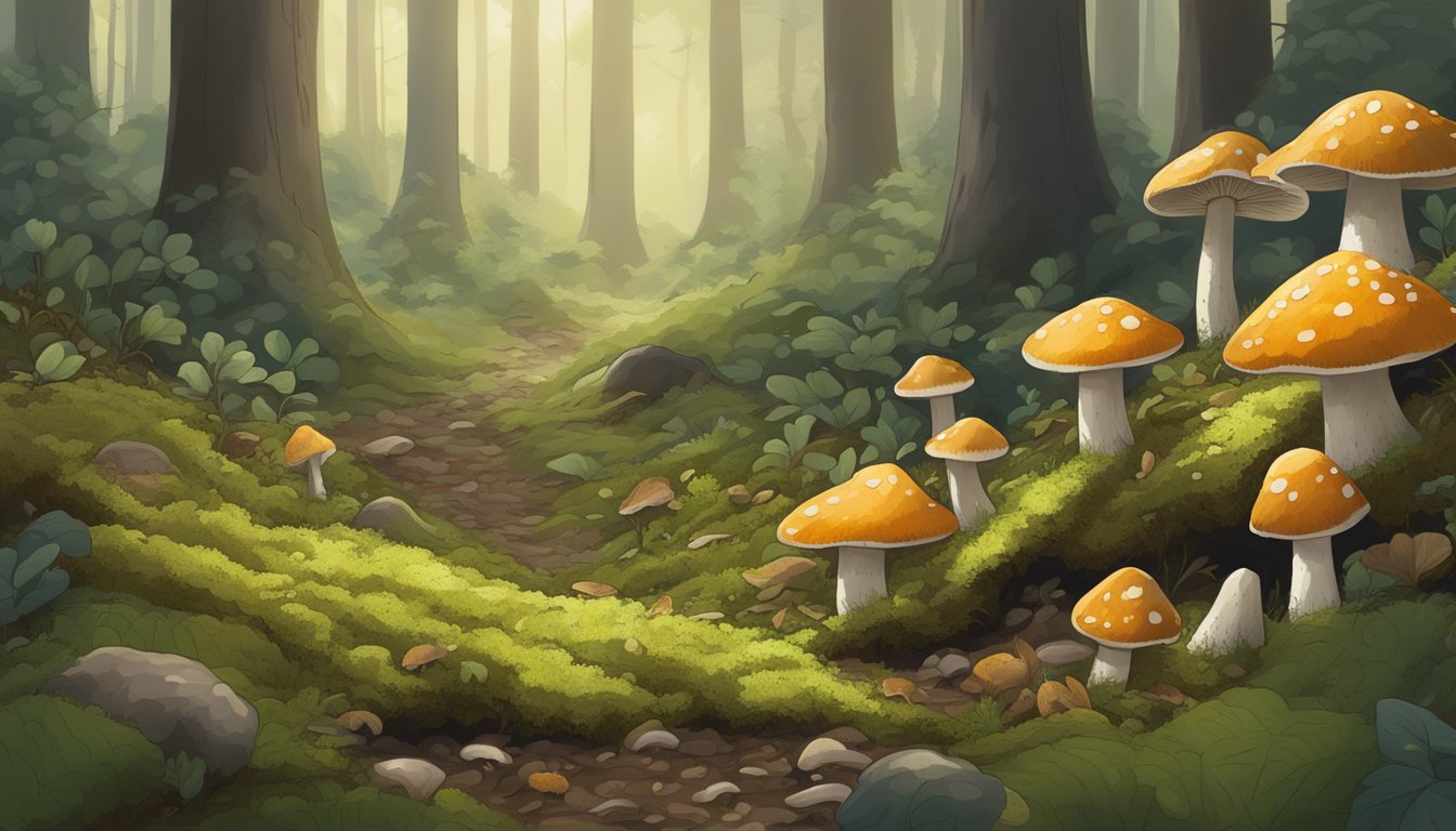 A forest floor with moss and fallen leaves, dotted with clusters of woolly milkcap mushrooms