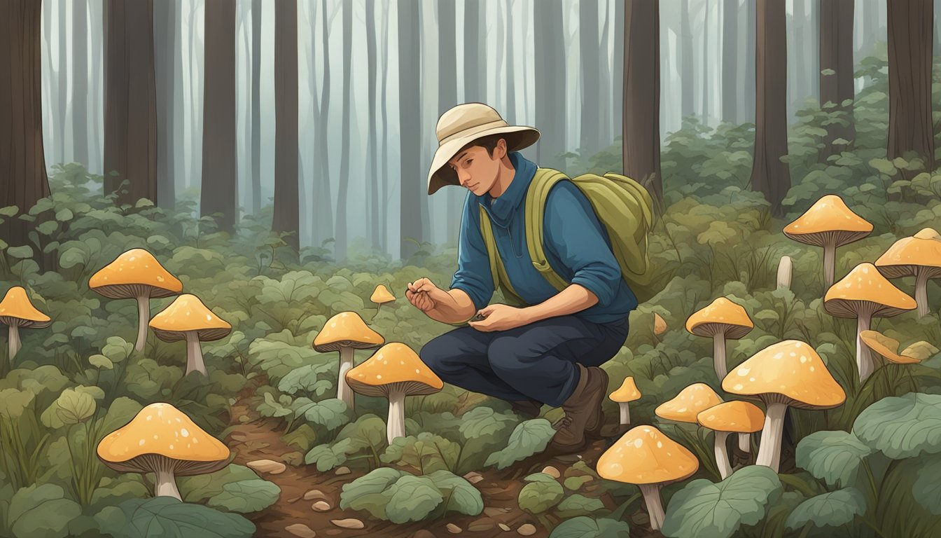 A figure collects woolly milkcaps from the forest floor