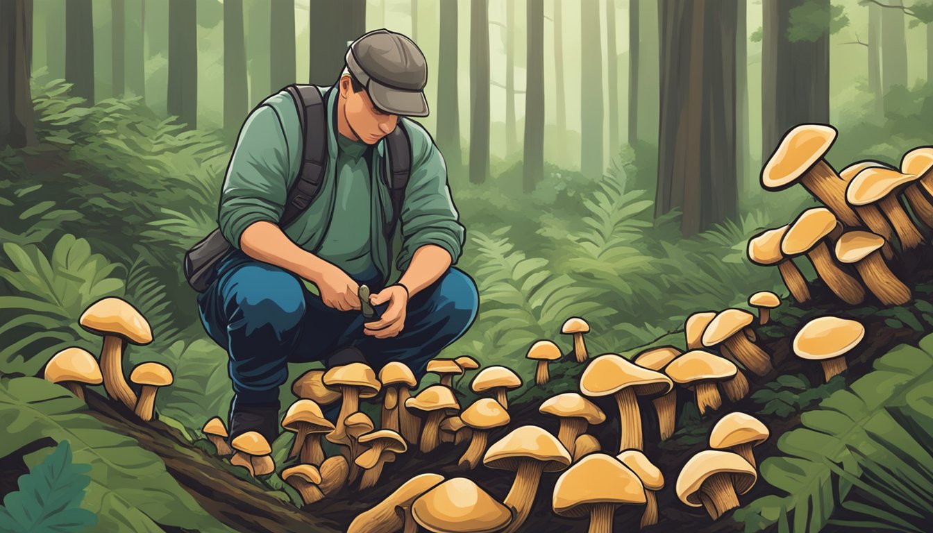 A person carefully examines wood ear mushrooms in a forest, comparing them to potential lookalikes for safety