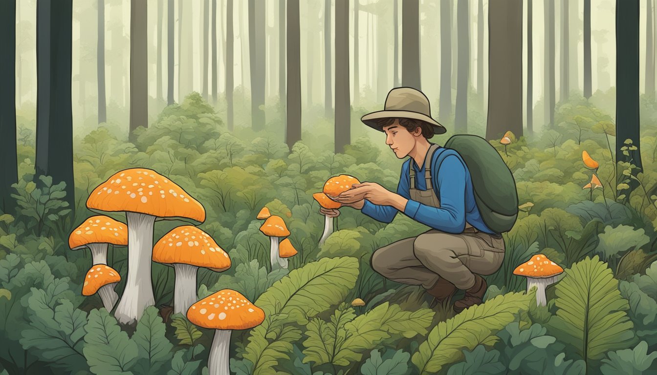 A mycologist carefully harvests woolly milkcaps from the forest floor, surrounded by lush greenery and towering trees