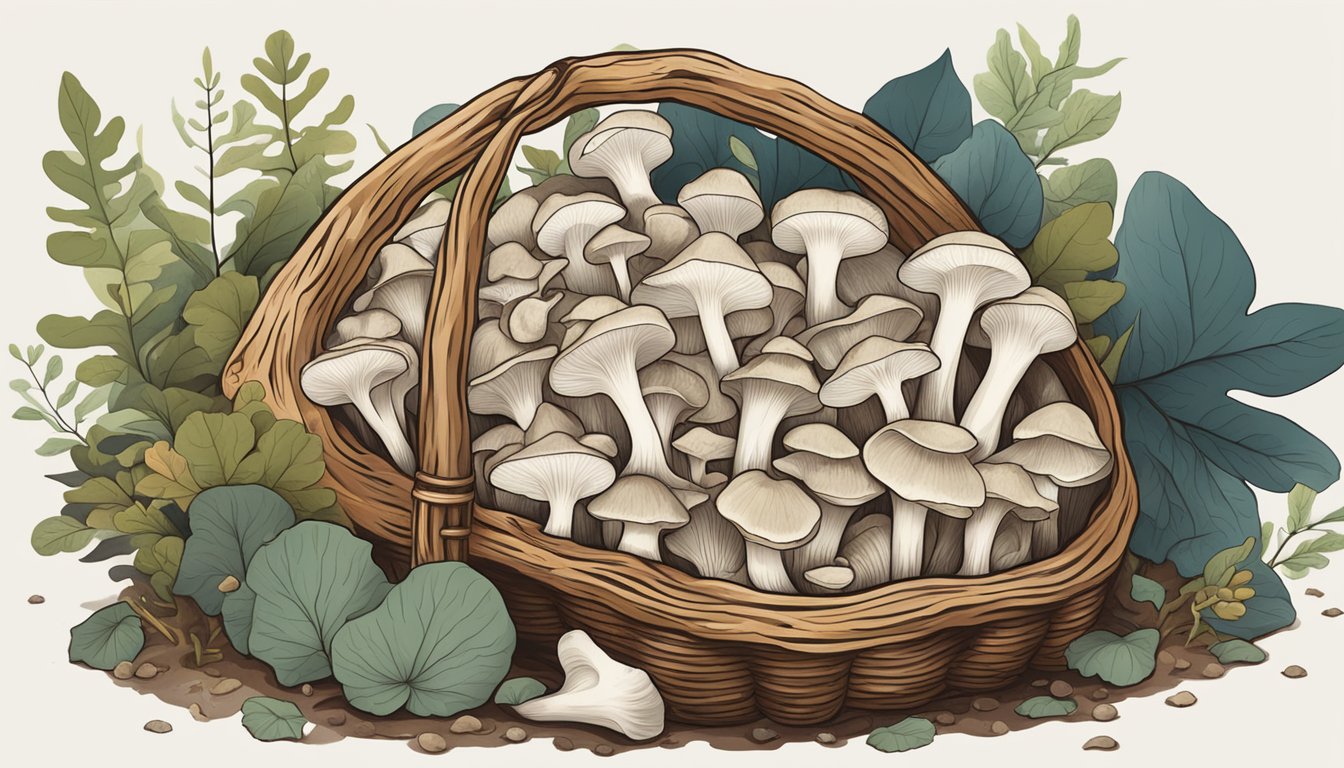 Phoenix oyster mushrooms being carefully foraged from the forest floor, with a basket filled with the freshly harvested fungi