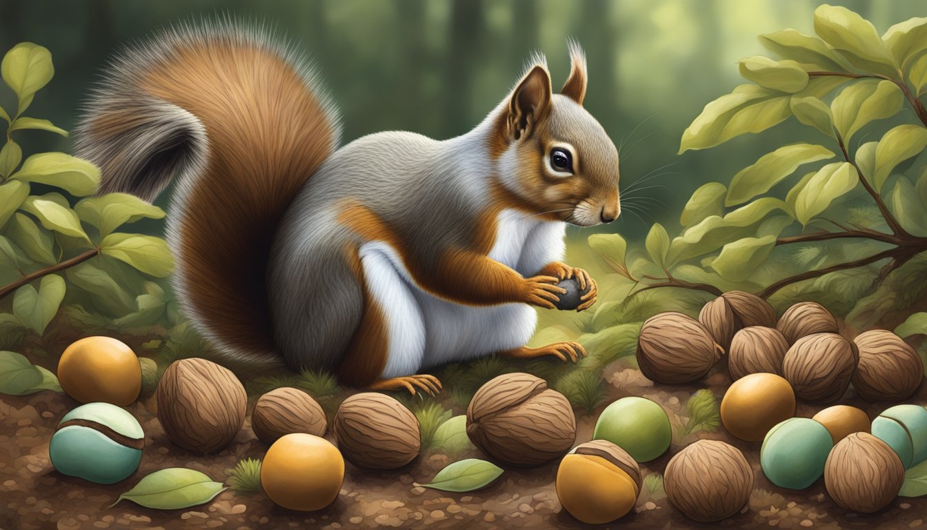 A squirrel gathering pecan truffles from the forest floor