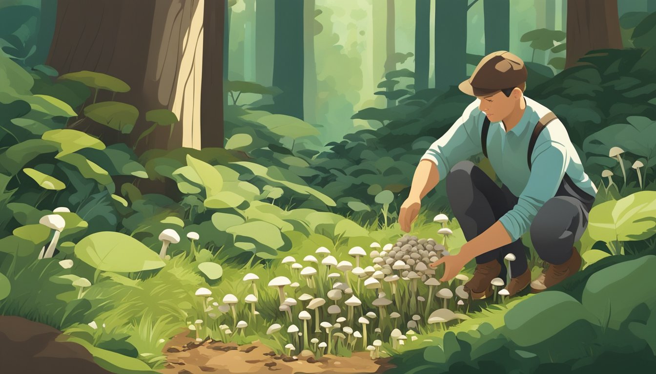 A person gathering button mushrooms from the forest floor, surrounded by lush green foliage and dappled sunlight