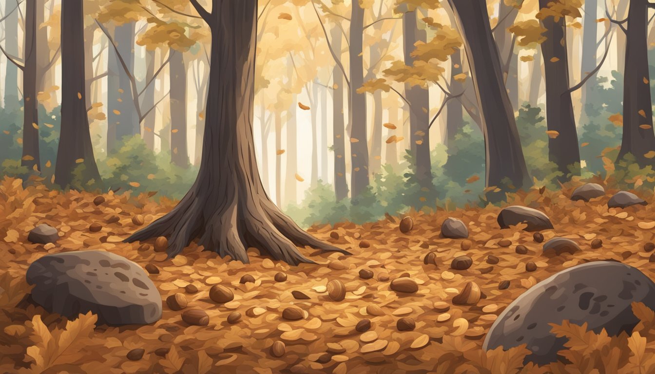 A forest floor with fallen leaves and scattered pecans, surrounded by towering pecan trees. Mushrooms resembling truffles grow among the nuts