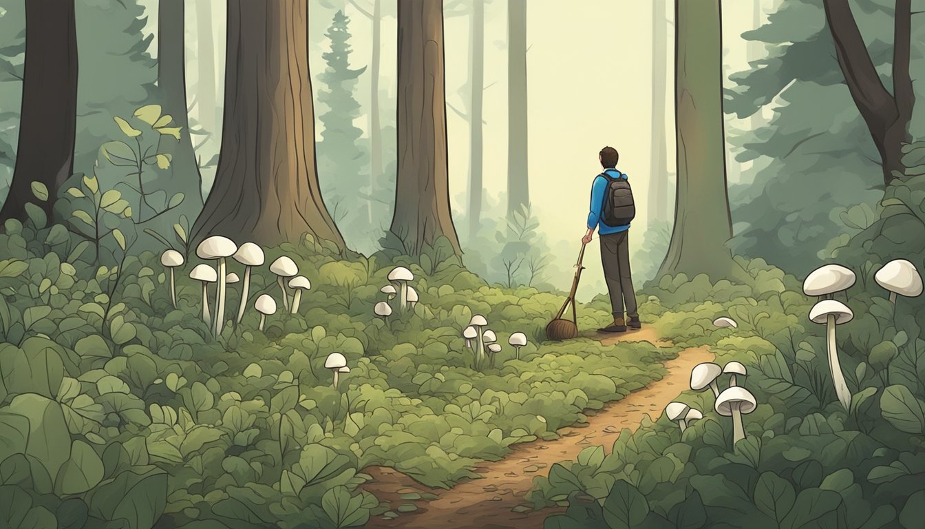 A person gathering button mushrooms in a forest clearing