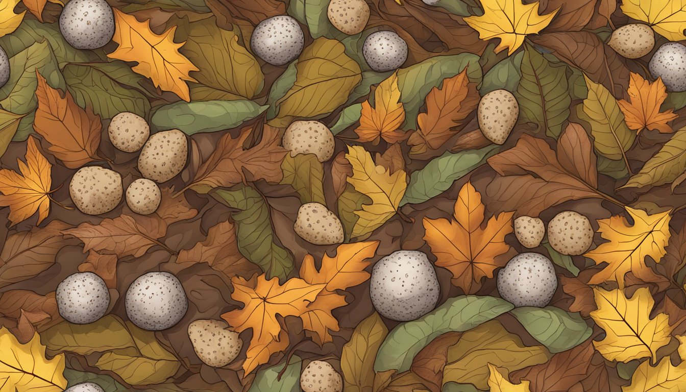 A forest floor covered in fallen leaves, with clusters of pecan truffles peeking out from the soil