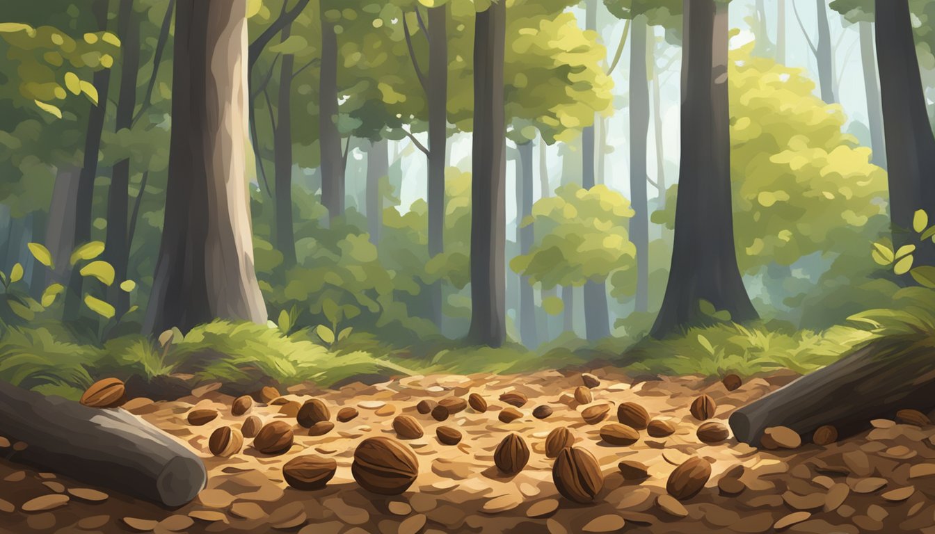 A forest floor scattered with fallen pecans and earthy truffles, surrounded by towering trees and dappled sunlight