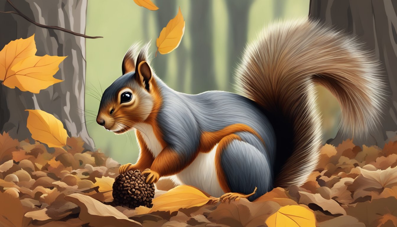 A squirrel gathering pecan truffles from the forest floor amidst fallen leaves and tree roots