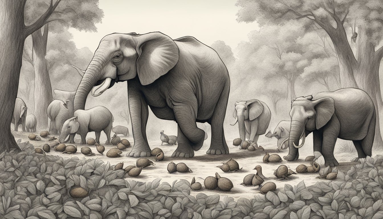 A group of animals gathering pecan truffles from the forest floor, while others are seen carrying them back to their burrows