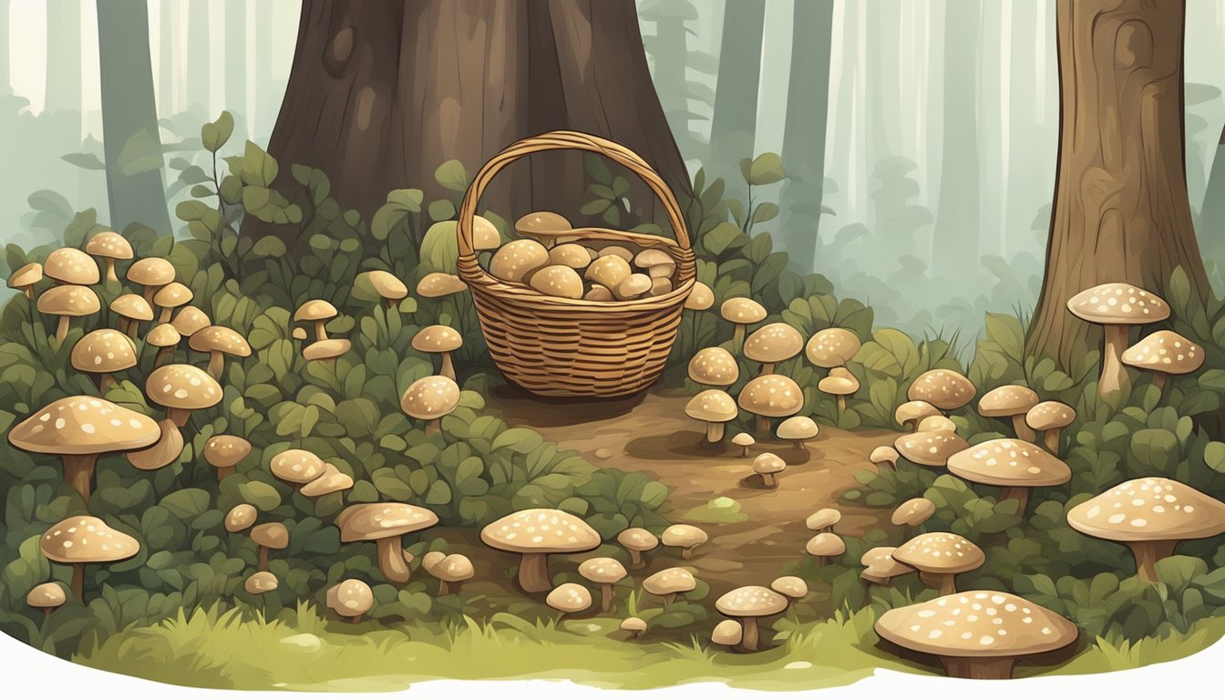 A figure gathers button mushrooms in a forest, placing them in a woven basket. Nearby, jars of preserved mushrooms line a wooden shelf