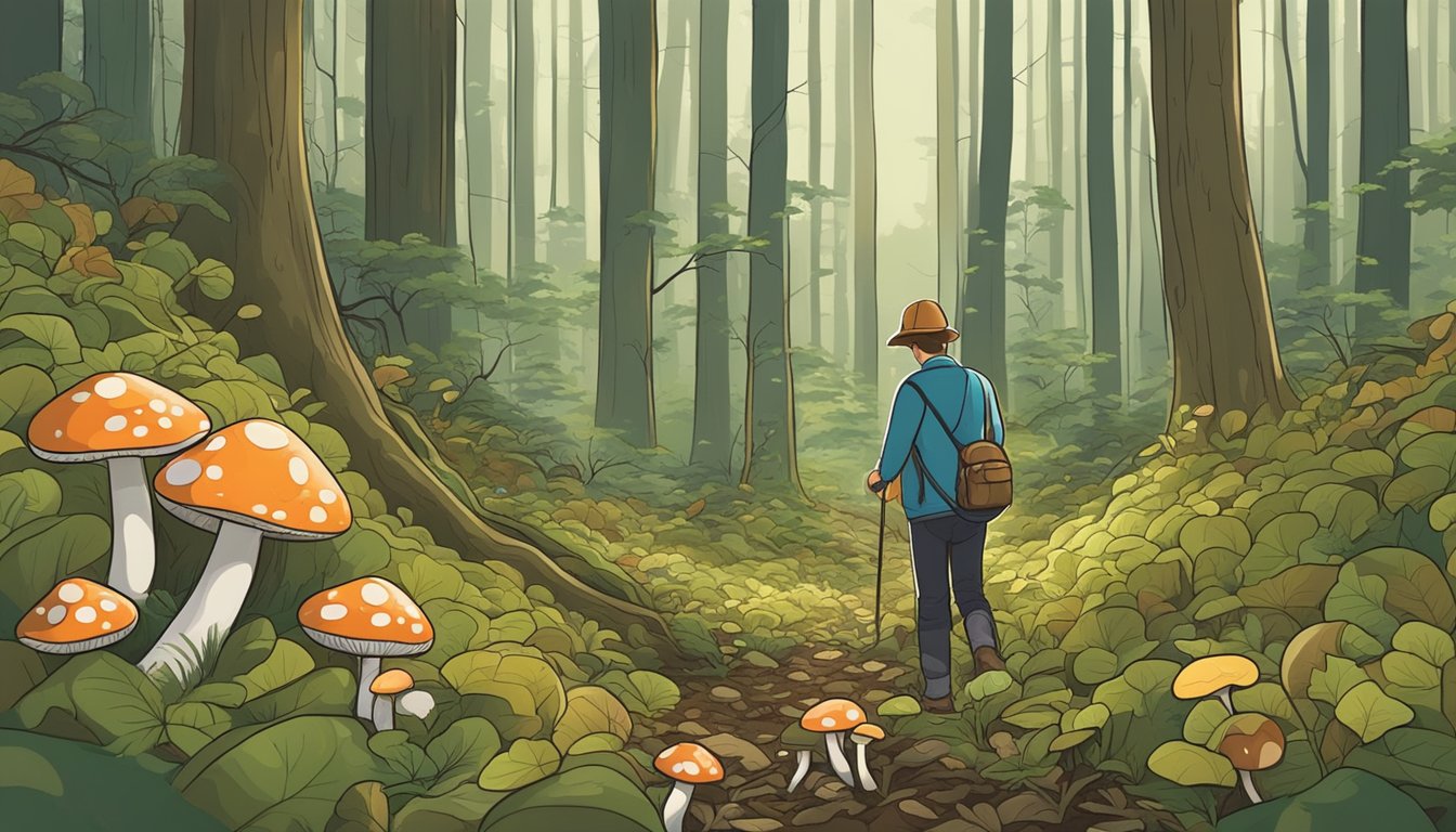 A person carefully examines and collects button mushrooms in a lush forest, surrounded by fallen leaves and moss-covered tree trunks