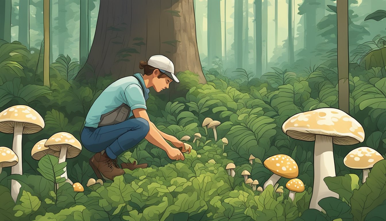 A person picking button mushrooms in a lush forest clearing