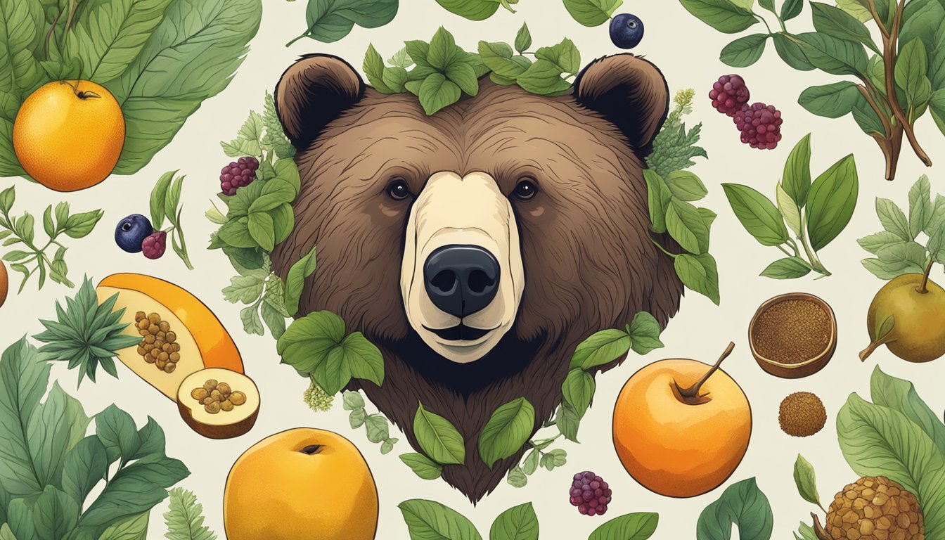 A bear's head surrounded by various foraged plants and fruits, showcasing the health benefits and nutritional value of the natural bounty