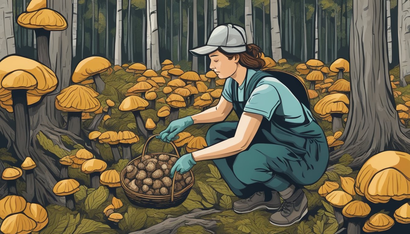 A person carefully collects hen of the woods mushrooms in a forest, mindful of preserving the surrounding environment