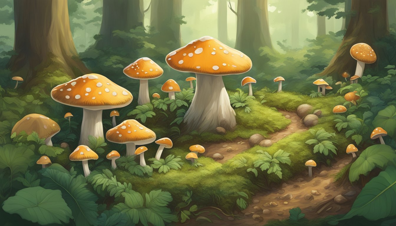 A fairy ring mushroom patch being foraged and harvested in a lush forest clearing