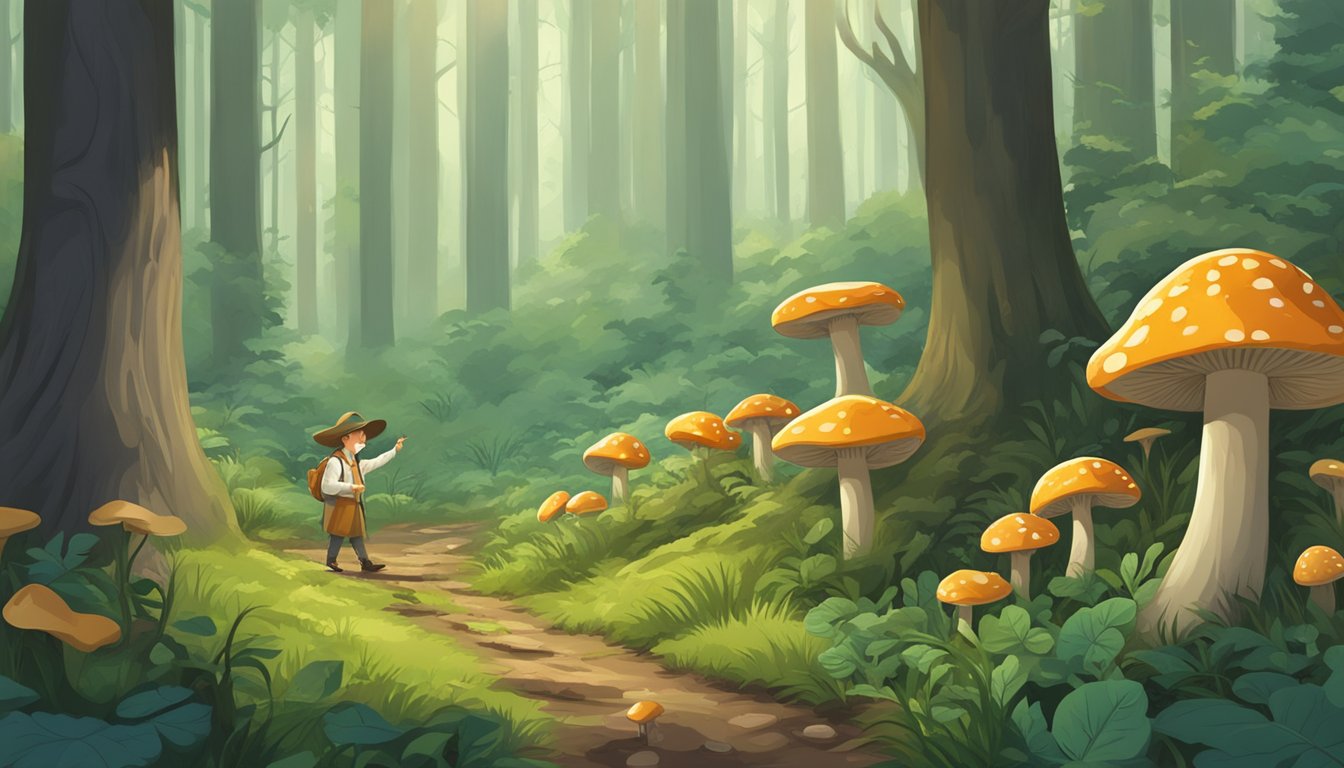 A figure collects fairy ring mushrooms in a lush forest clearing