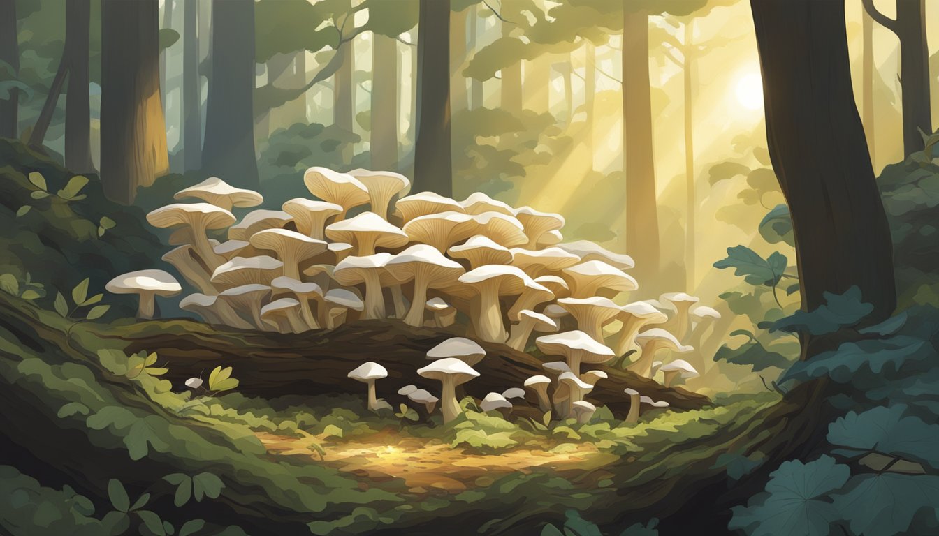 Sunlight filters through the forest canopy onto a cluster of oyster mushrooms growing on a decaying log. A hand reaches out to pluck the ripe fungi