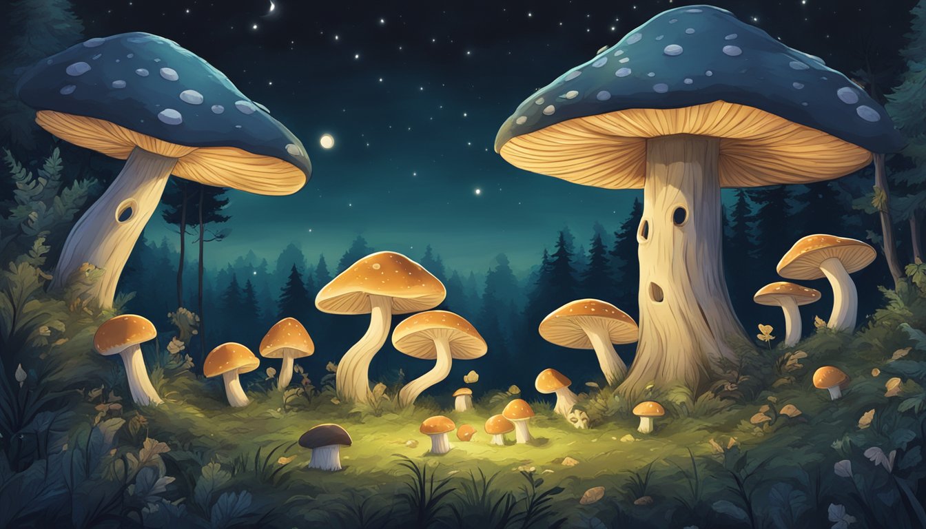 A group of forest creatures gathering fairy ring mushrooms under the moonlight