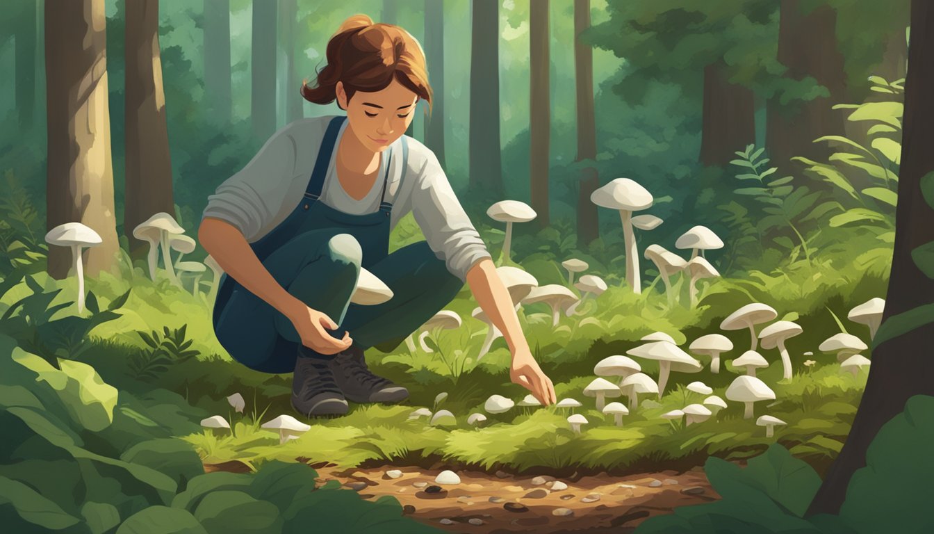 A researcher carefully plucks fairy ring mushrooms from the forest floor, surrounded by lush green foliage and dappled sunlight