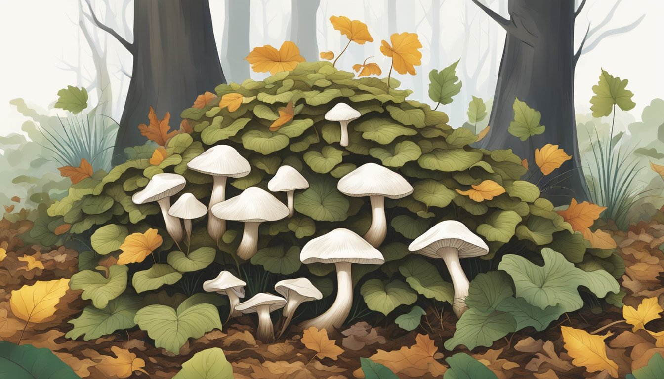 A forest floor with oyster mushrooms being carefully harvested, surrounded by diverse plant life and fallen leaves