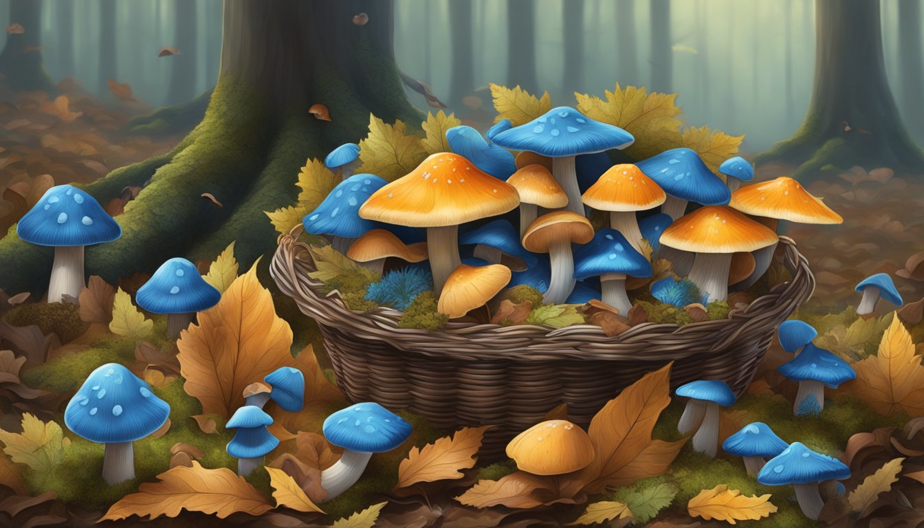 A forest floor with blue chanterelles scattered among fallen leaves and moss, alongside harvested mushrooms in a woven basket