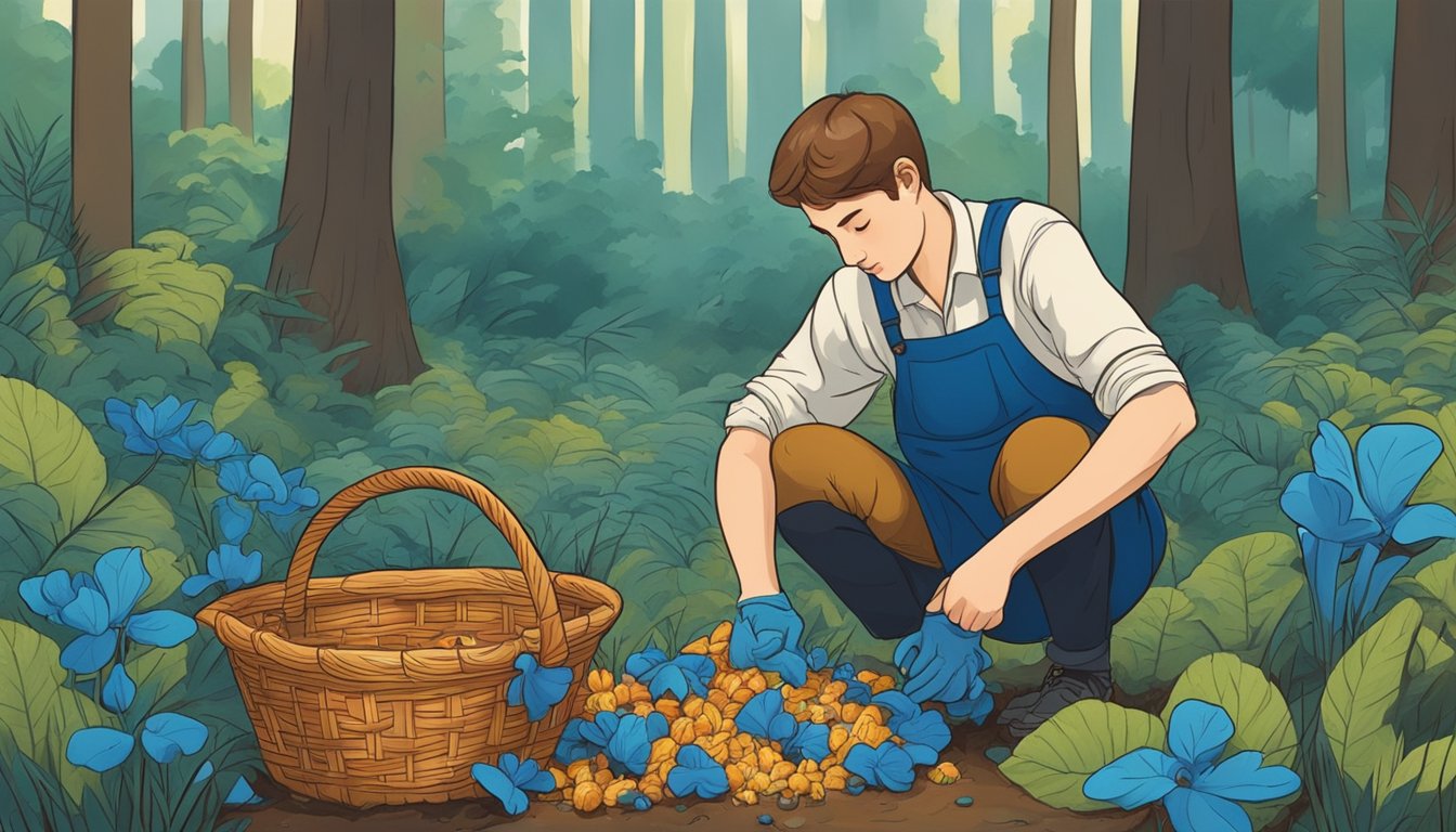 A figure crouches in a forest, carefully plucking blue chanterelles from the forest floor and placing them in a woven basket