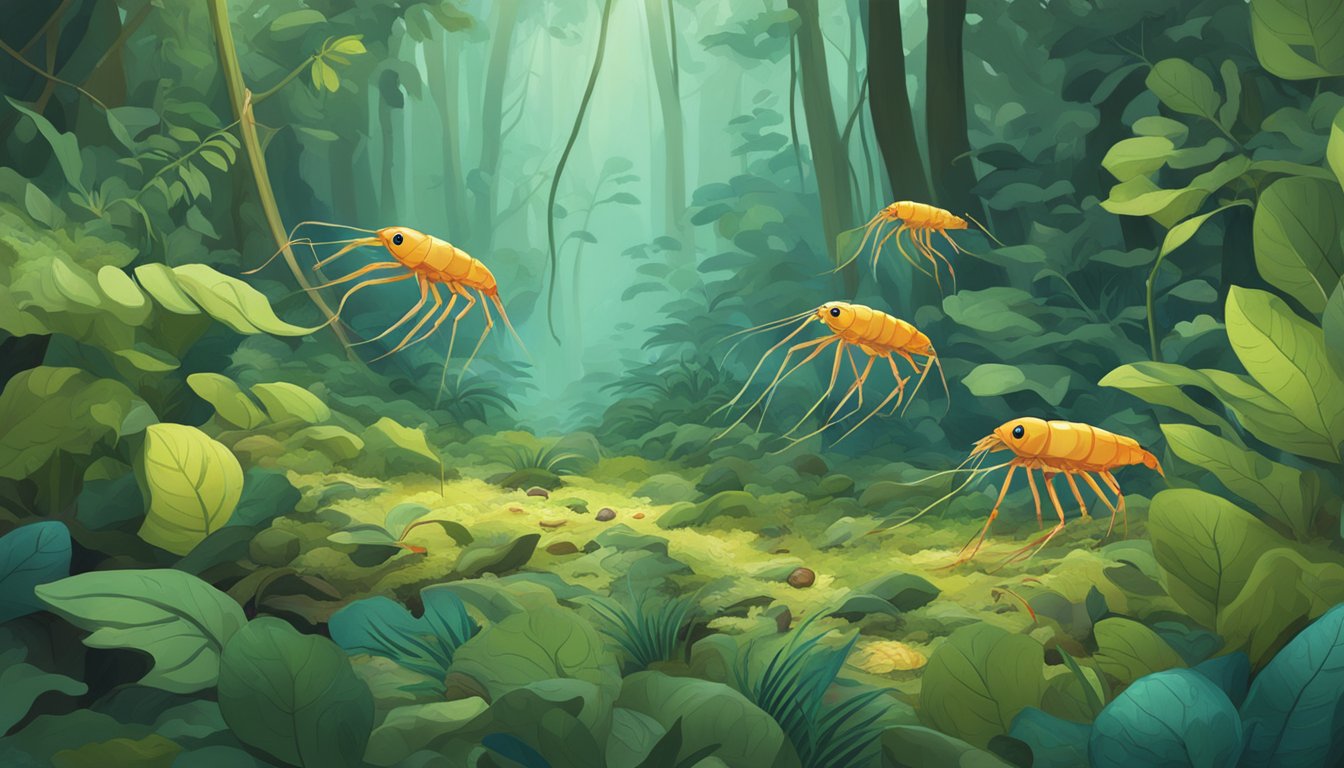 A lush forest floor with small shrimp-like creatures foraging and harvesting among fallen leaves and decaying plant matter