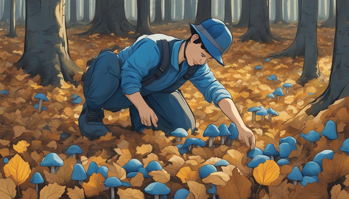 A figure carefully gathers blue chanterelles from the forest floor, surrounded by fallen leaves and dappled sunlight