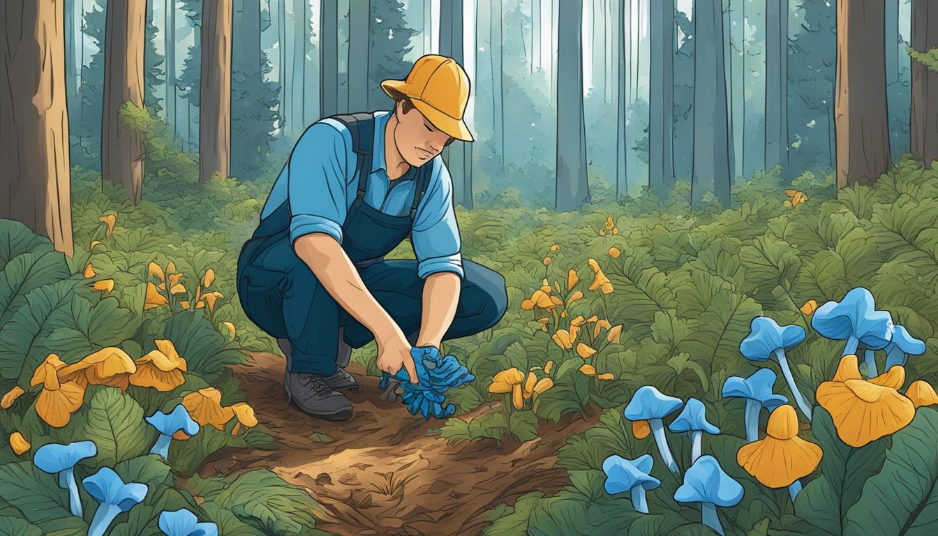 A person foraging in a lush forest, carefully harvesting blue chanterelles from the ground