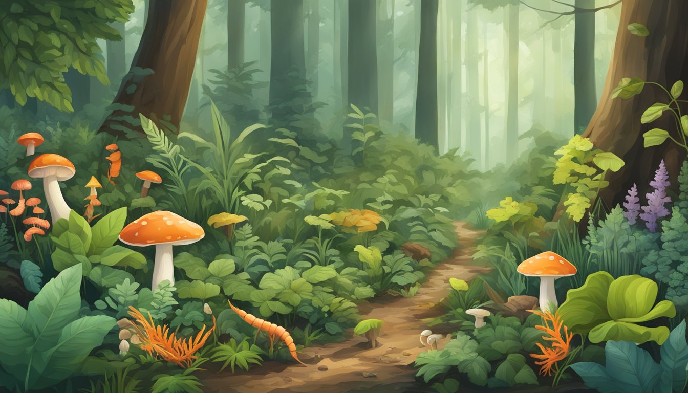 A lush forest floor with various edible plants and mushrooms, including shrimp of the woods, surrounded by a diverse ecosystem of wildlife