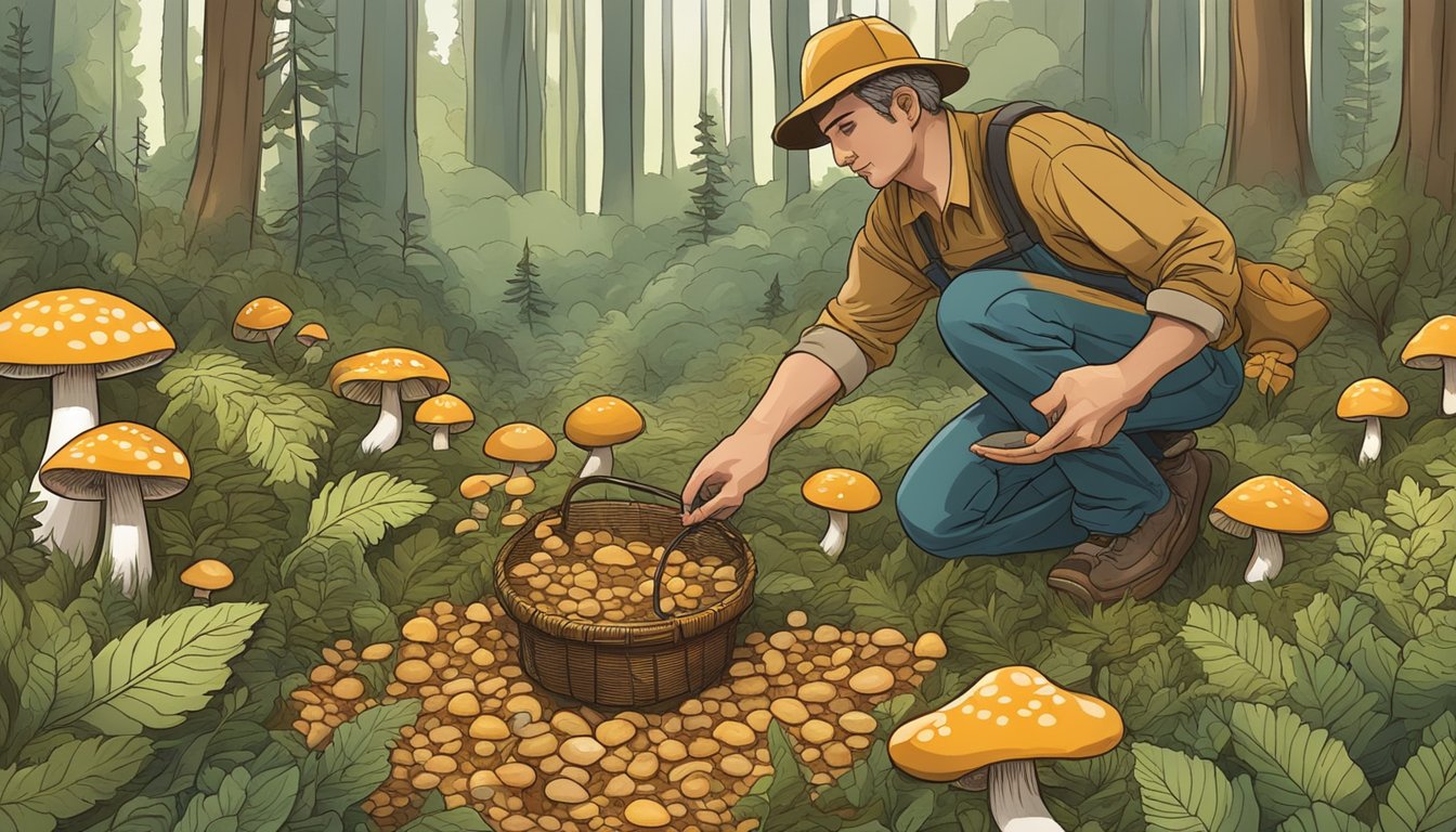 A forest floor with ringless honey mushrooms being carefully harvested by a forager