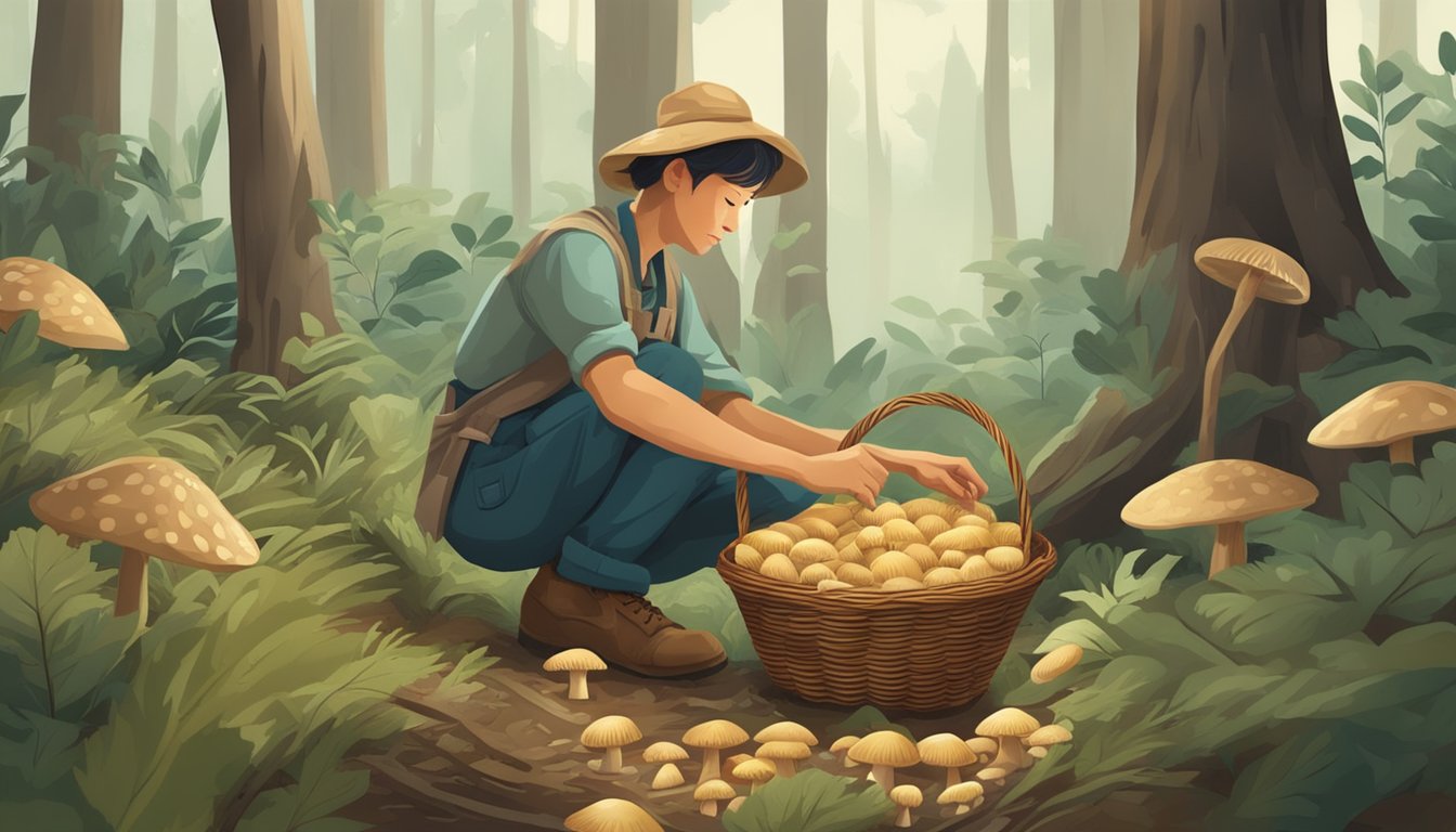 A person harvesting straw mushrooms in a lush forest, carefully plucking them from the damp ground and placing them in a woven basket