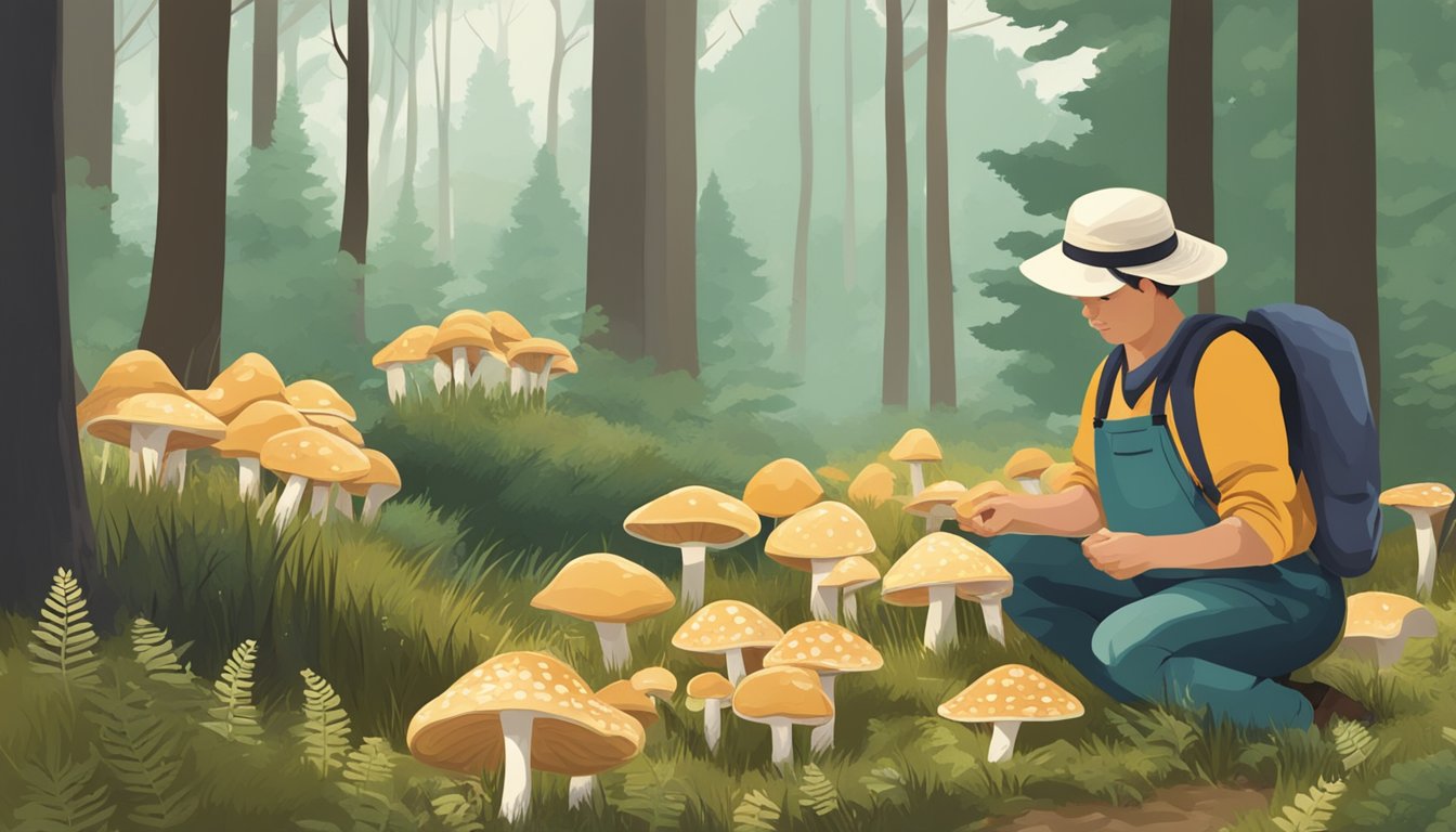 A person collecting straw mushrooms in a forest clearing