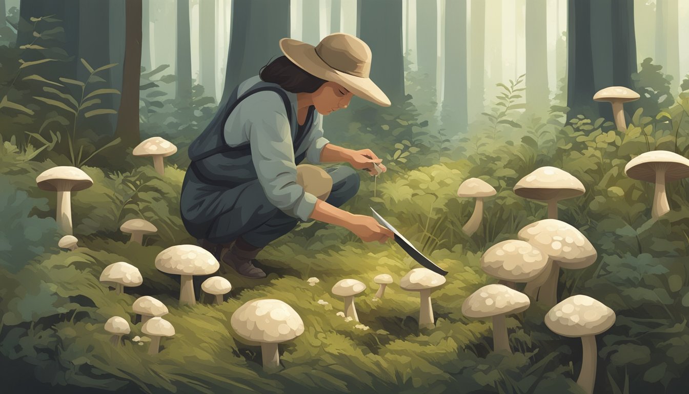 A figure gathering straw mushrooms from the forest floor, using a small knife to carefully cut the delicate fungi from the base of the stems